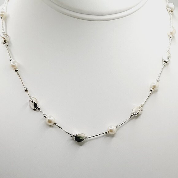 Silver Tone & Faux Pearl Choker Station Necklace Snake Chain 16" - Picture 1 of 9